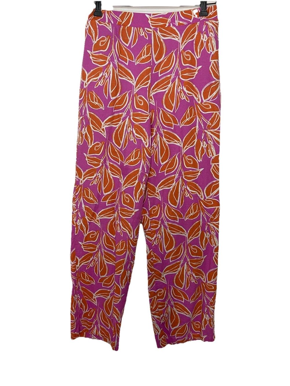 Linen Blend Pink Orange Tropical Print Pants